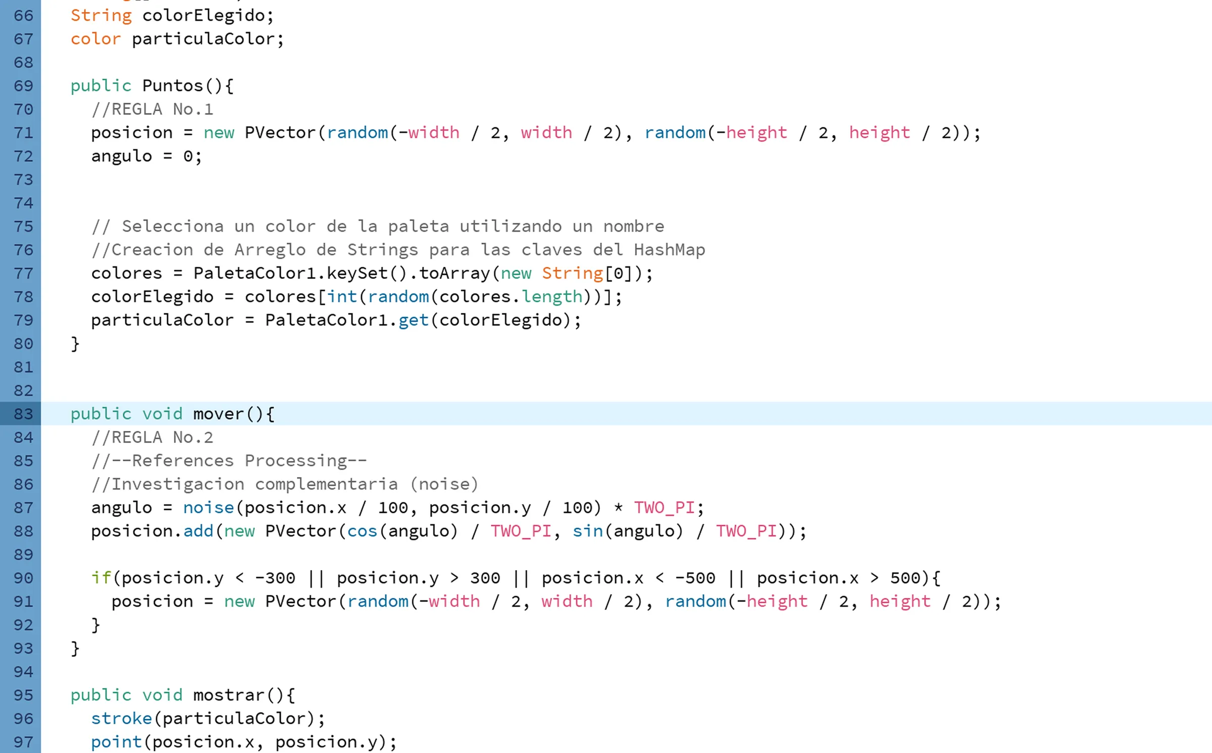 The particle class in Processing: noise-driven movement rules and the color palette HashMap