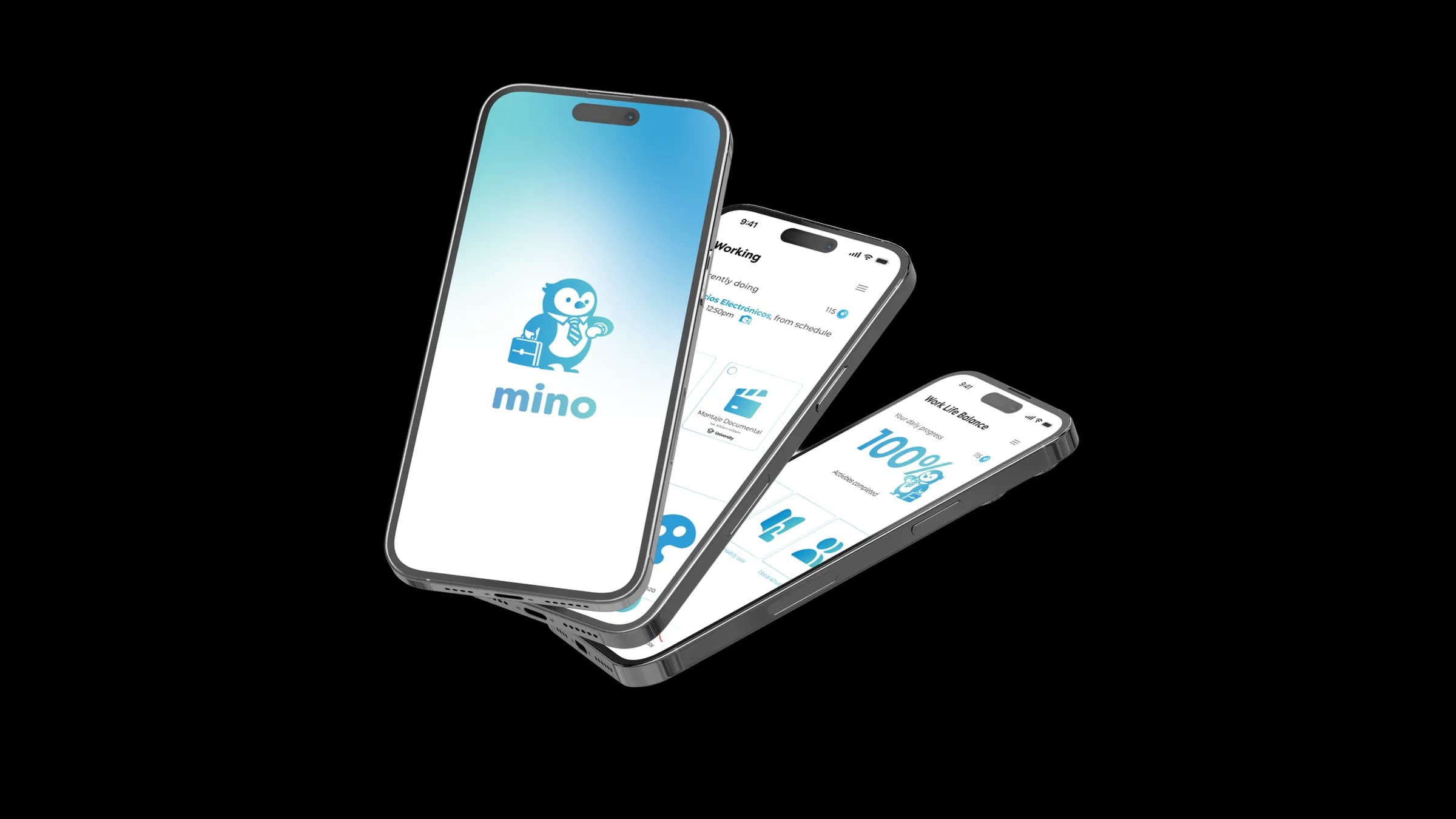 Three iPhones fanned out with mino: the splash screen, the working view, and Work Life Balance at 100%