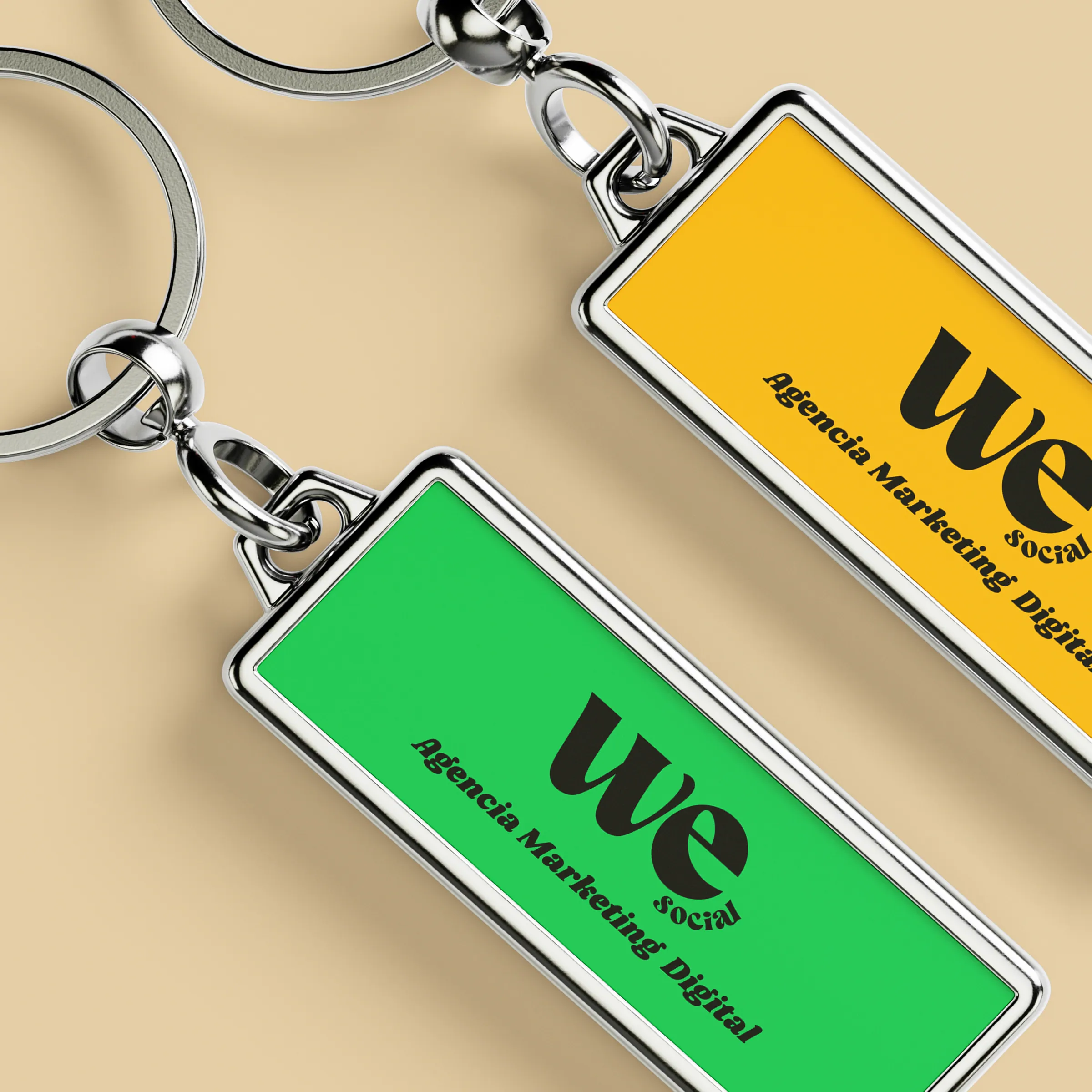 We Social keychains in the brand's green and yellow