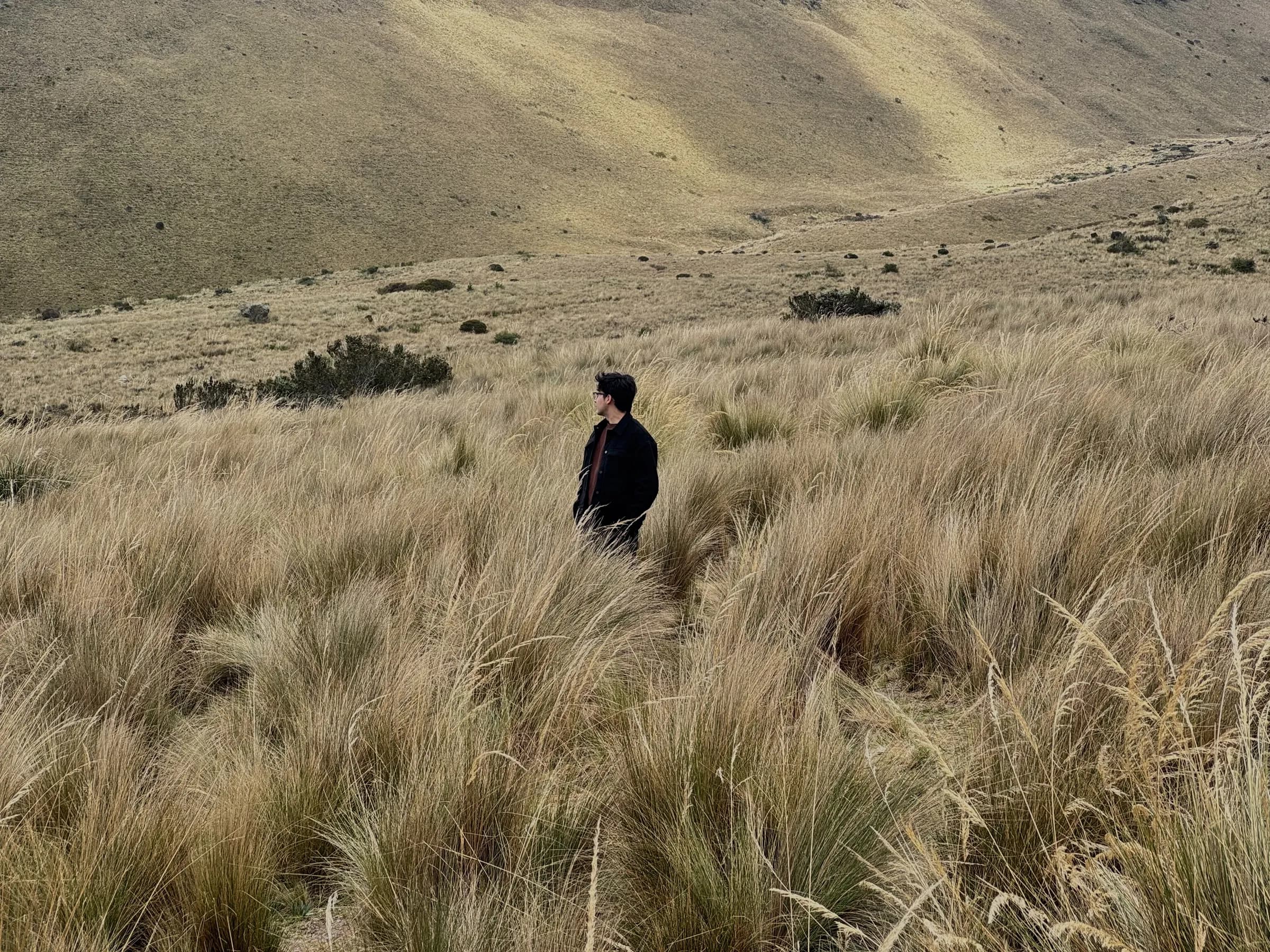 Sebastian standing in a windswept golden grassland during a documentary shoot