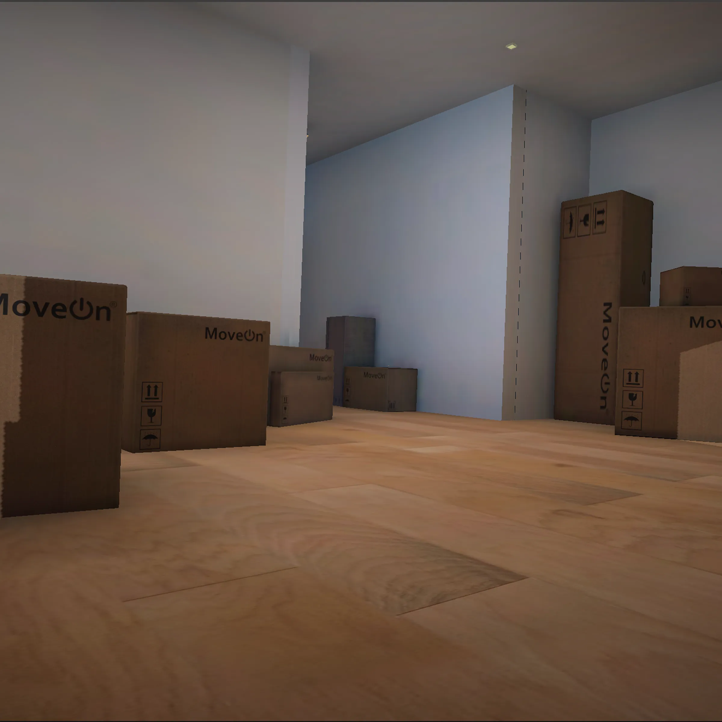 An empty apartment full of MoveOn boxes, the experience's starting memory