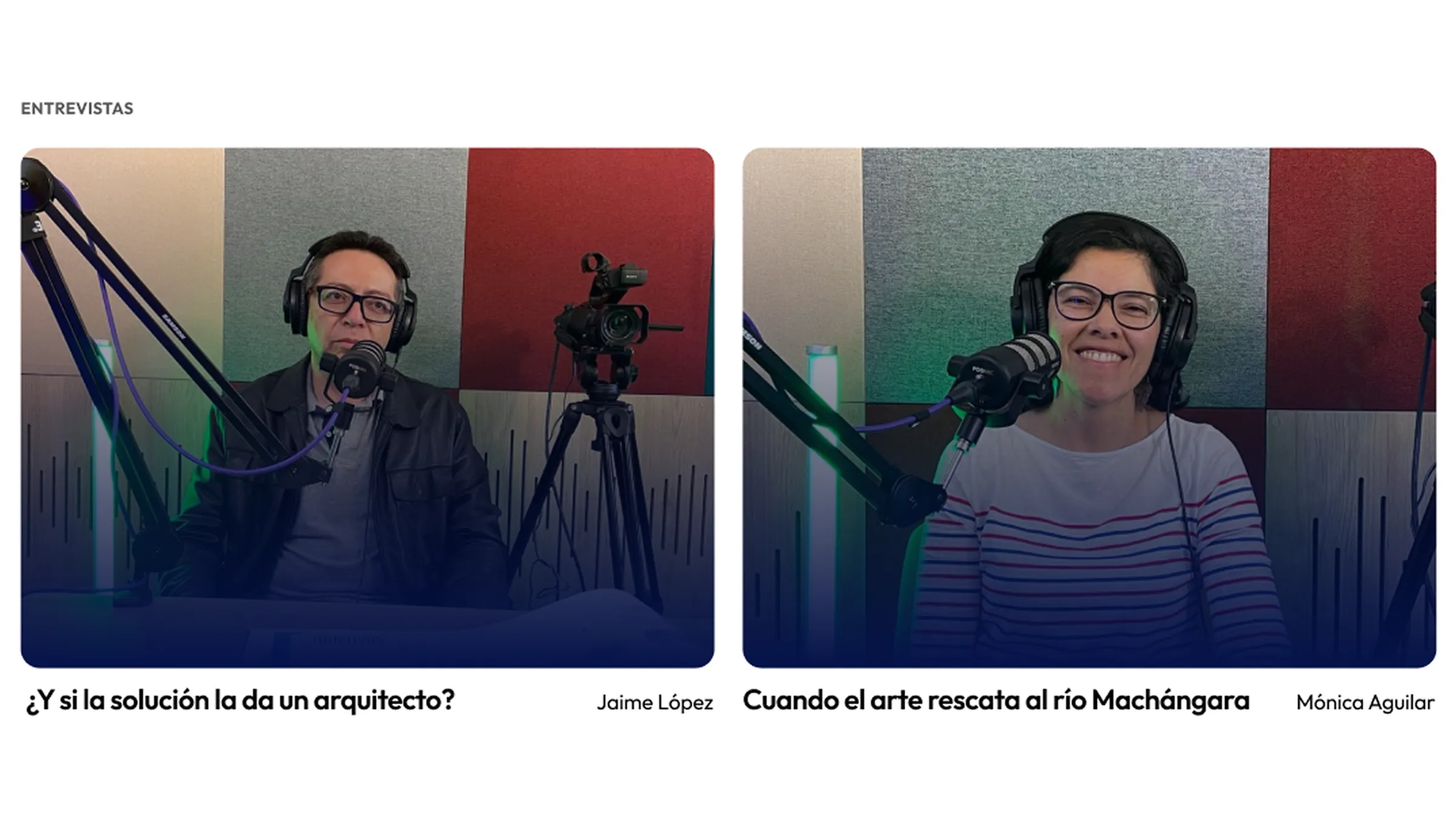 The site's Entrevistas section, studio conversations with Jaime López and Mónica Aguilar