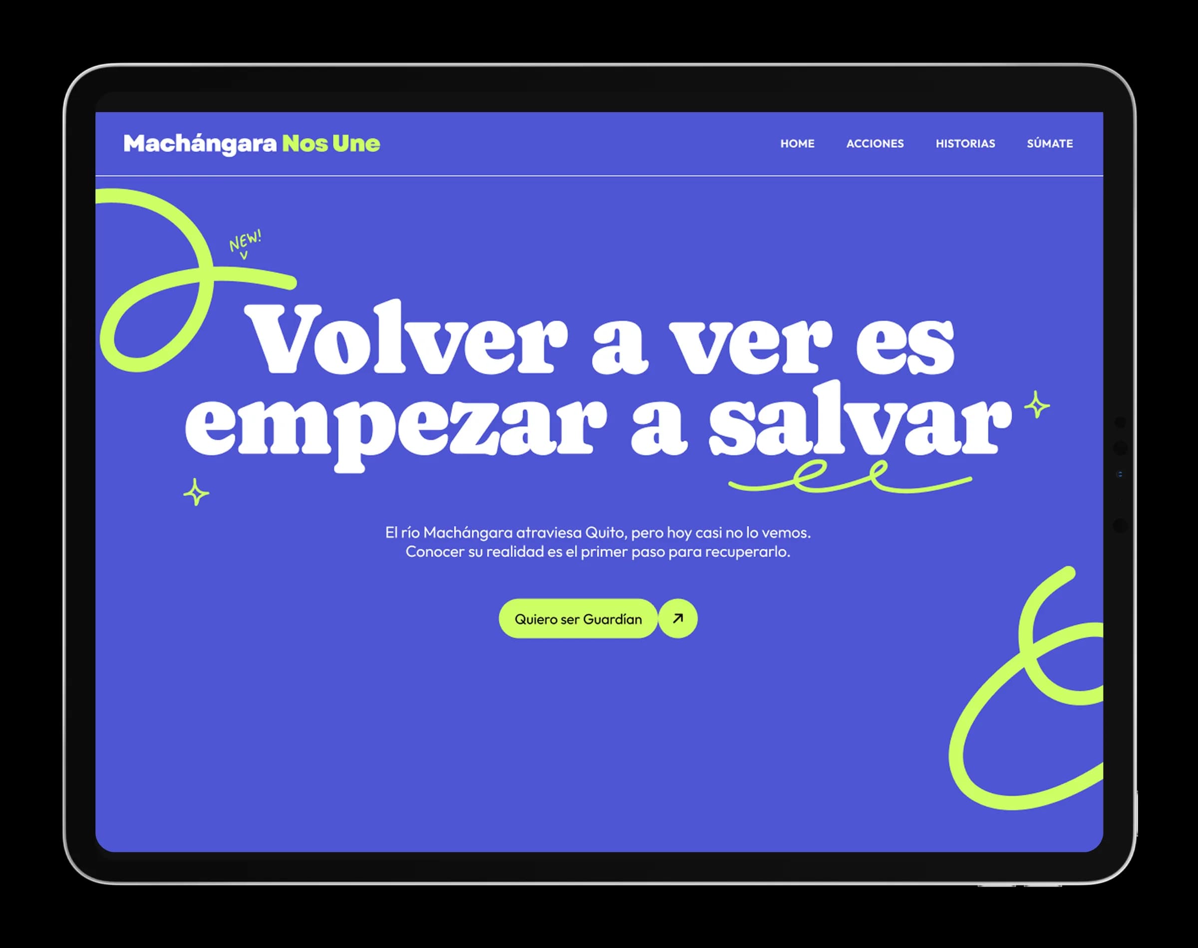 The Machángara Nos Une homepage on an iPad, headline Volver a ver es empezar a salvar