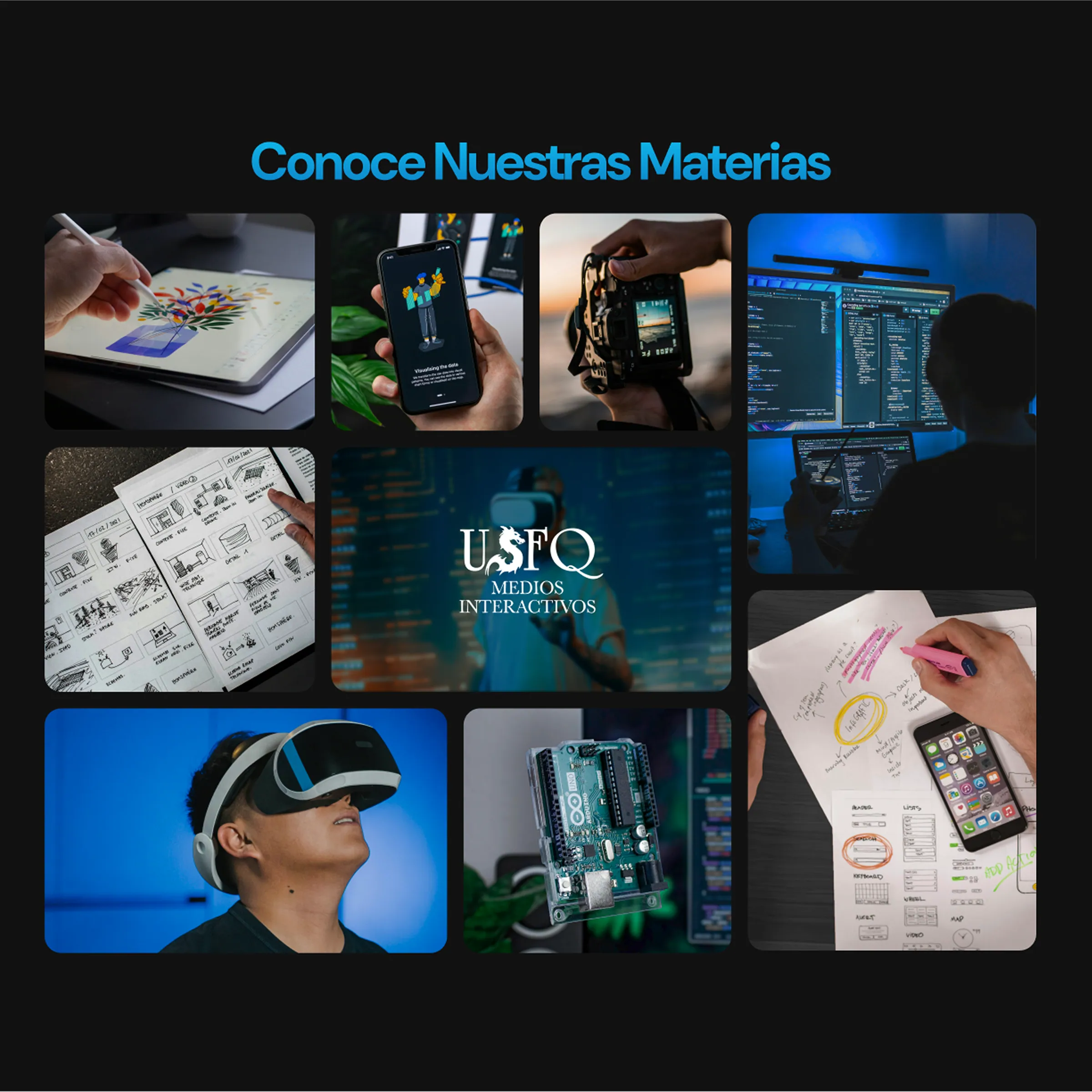 The site's Conoce Nuestras Materias section, a grid of subjects from design to VR and Arduino
