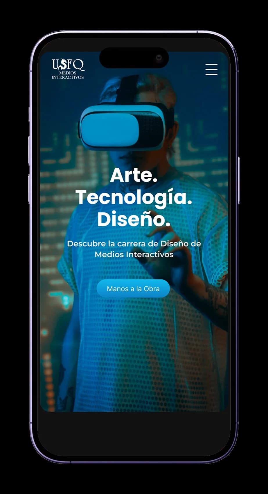 The USFQ Medios Interactivos site on an iPhone, headline Arte. Tecnología. Diseño.
